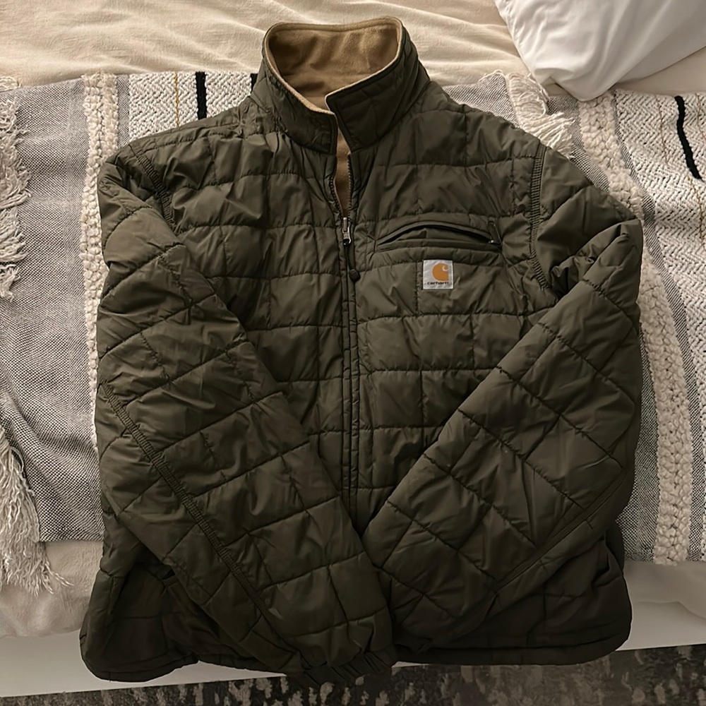 Carhartt reversible puffer jacket size xlarge green/tan EUC
